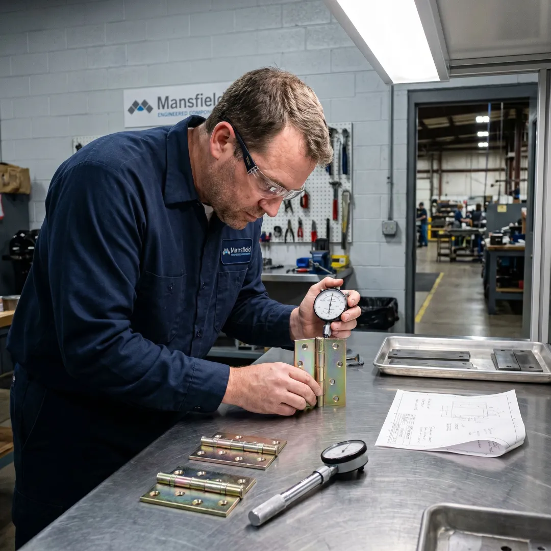 Engineer inspecting custom hinge prototypes