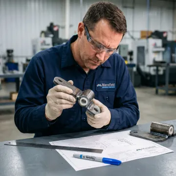 Engineer inspecting custom trailer hinge prototypes