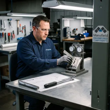 Engineer inspecting a pivot hinge prototype
