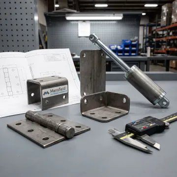 Heavy duty hinge components on an engineering workbench
