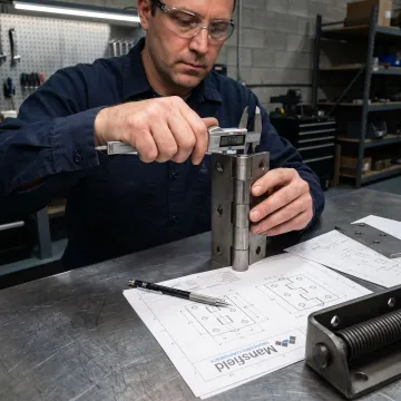 Engineer inspecting a heavy duty hinge prototype