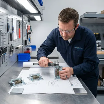 Engineer inspecting lift off hinge prototypes