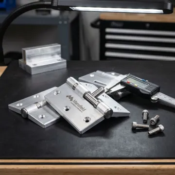 Custom aluminum lift off hinges on a workbench