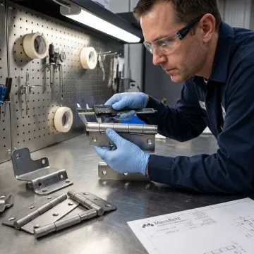 Engineer inspecting custom heavy duty hinge prototype