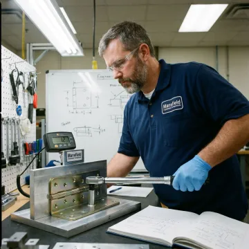 Engineer testing a medical cabinet hinge prototype
