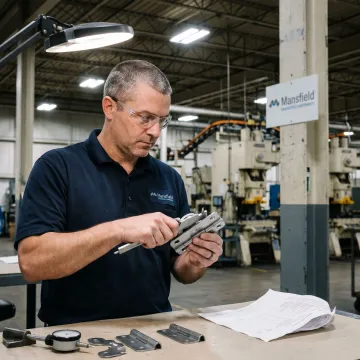 Engineer inspecting stamped metal parts
