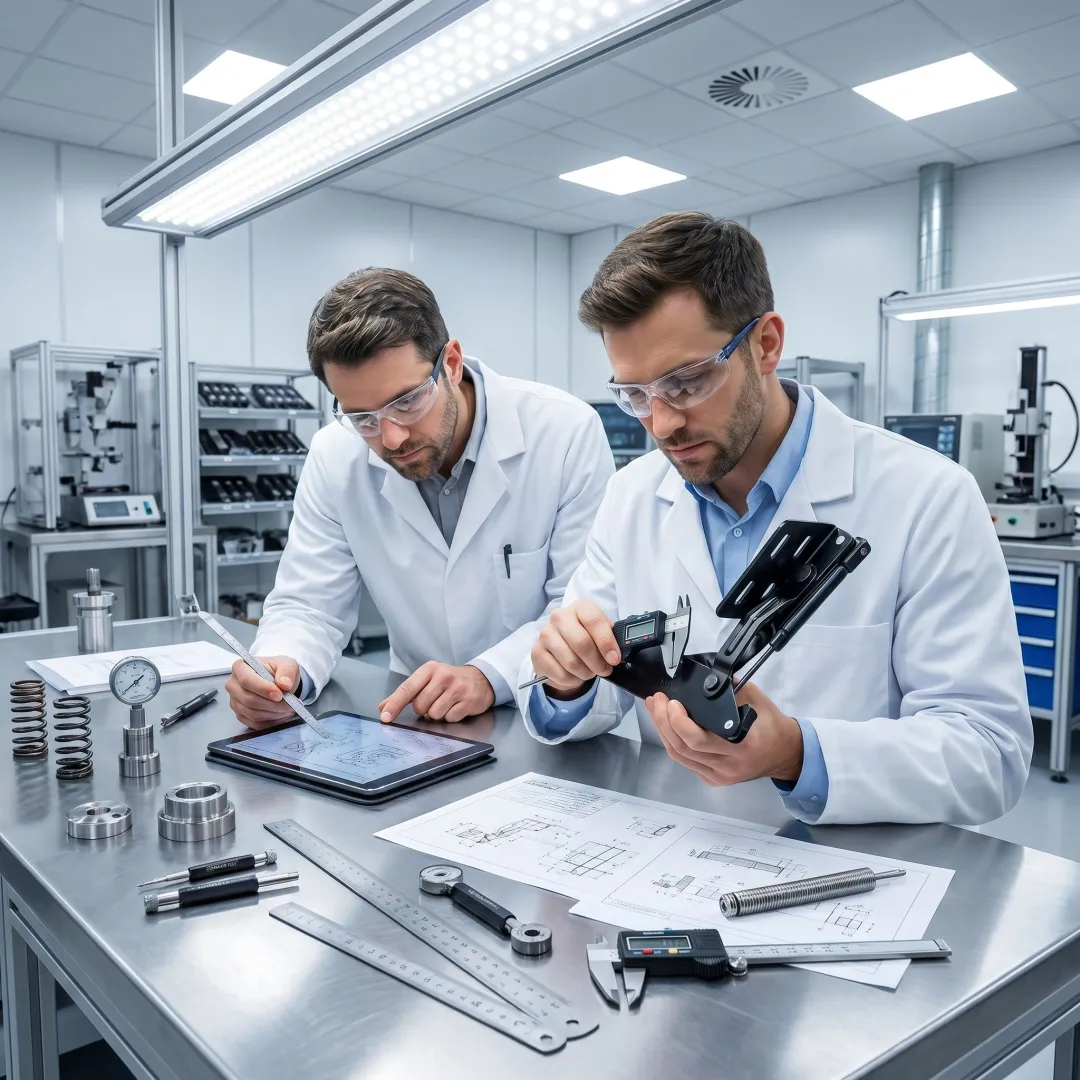 Engineers testing an automotive hinge prototype