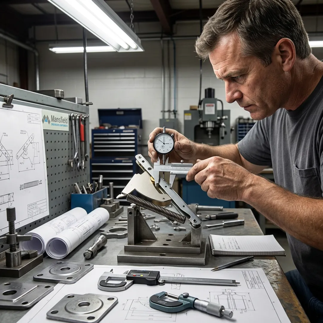 Engineer testing a prototype hinge bracket assembly