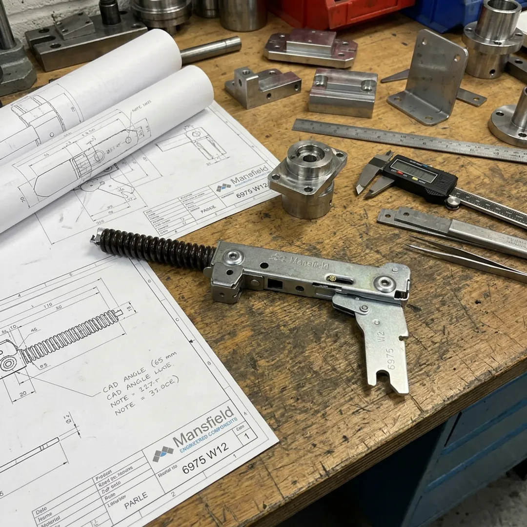 Custom angle hinge brackets and fittings on an engineering bench