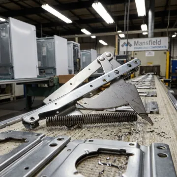 Stamped metal appliance hinges for white goods manufacturing