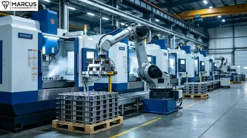 Large-scale contract manufacturing facility with 5-axis CNC machines and robotic automation cells