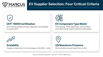 Four key criteria for evaluating EV component contract manufacturers selection framework infographic
