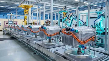 EV thermal management and e-drive powertrain components assembled in automotive manufacturing facility