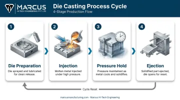 4-stage automotive die casting process flow from die preparation to ejection