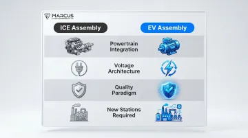 ICE versus EV automotive assembly line side-by-side comparison infographic