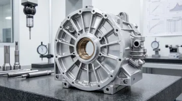 CNC machined gearbox housing held to tight H7 bore tolerances for automotive assembly