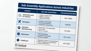 Sub-assembly manufacturing industry applications table by sector standards and key modules