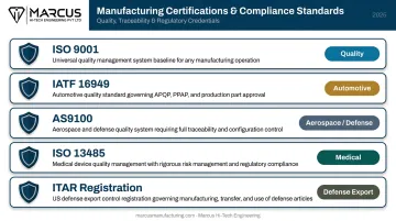 Five key electro-mechanical assembly certifications comparison chart ISO IATF AS9100 ITAR