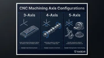 3-axis 4-axis and 5-axis CNC machining capabilities comparison infographic