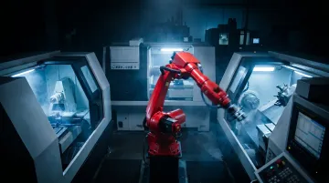 Automated CNC machining cell with robotic loading arm operating lights-out in automotive facility