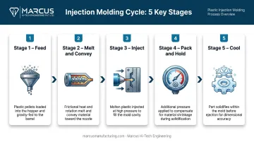 5-step plastic injection molding cycle from feed to cooling process flow