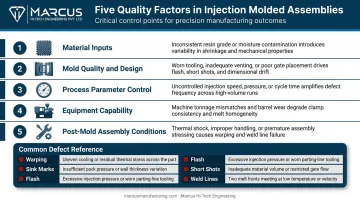 Five injection molding quality factors and common defect causes breakdown infographic