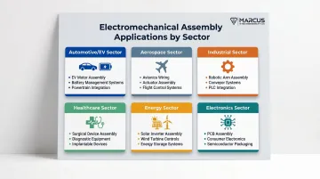 Electromechanical assembly applications across six major industry sectors infographic