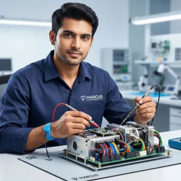 Technician testing electro-mechanical assembly