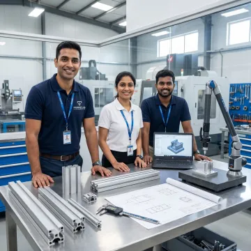 Engineers reviewing aluminum extrusion EV accessory parts