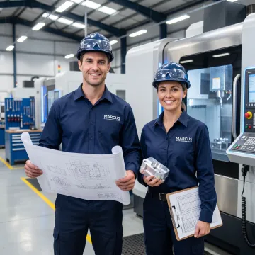 Engineers reviewing precision component manufacturing process