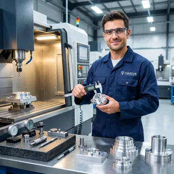 Technician inspecting machined metal component