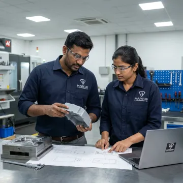 Engineers reviewing plastic mold tooling and molded parts