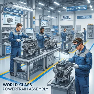 Powertrain assembly line with technicians