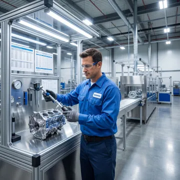 Technician inspecting coated metal components