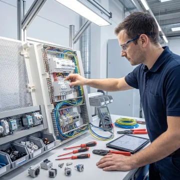 Technician performing electromechanical assembly