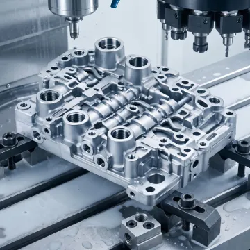 Precision machined metal part on a CNC worktable