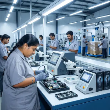 Industrial assembly line with technicians