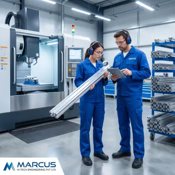 Engineers reviewing aluminum extrusion components