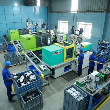 Injection molding production line and molded components