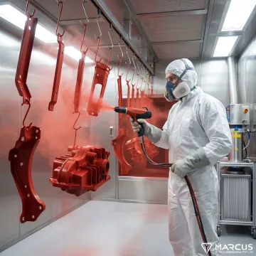 Technician applying powder coating to automotive parts