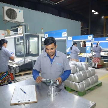 Technician inspecting a precision machined metal component