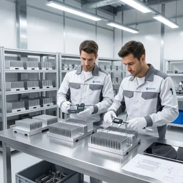 Engineers inspecting machined heat sink parts