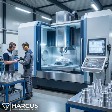 Precision CNC machining center producing metal components