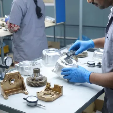 Technician inspecting assembled precision parts