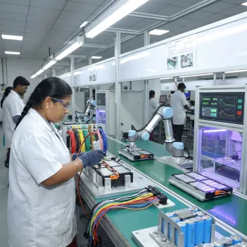 Battery pack assembly line with technicians and fixtures