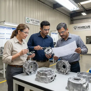Engineers reviewing precision cast components and drawings