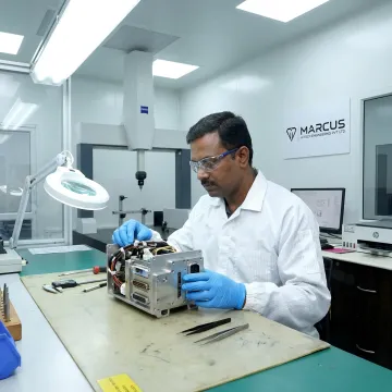 Technician inspecting assembled medical device module