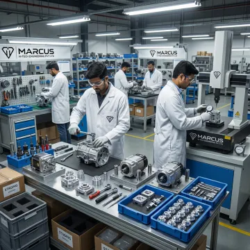 Industrial mechanical assembly line with technicians