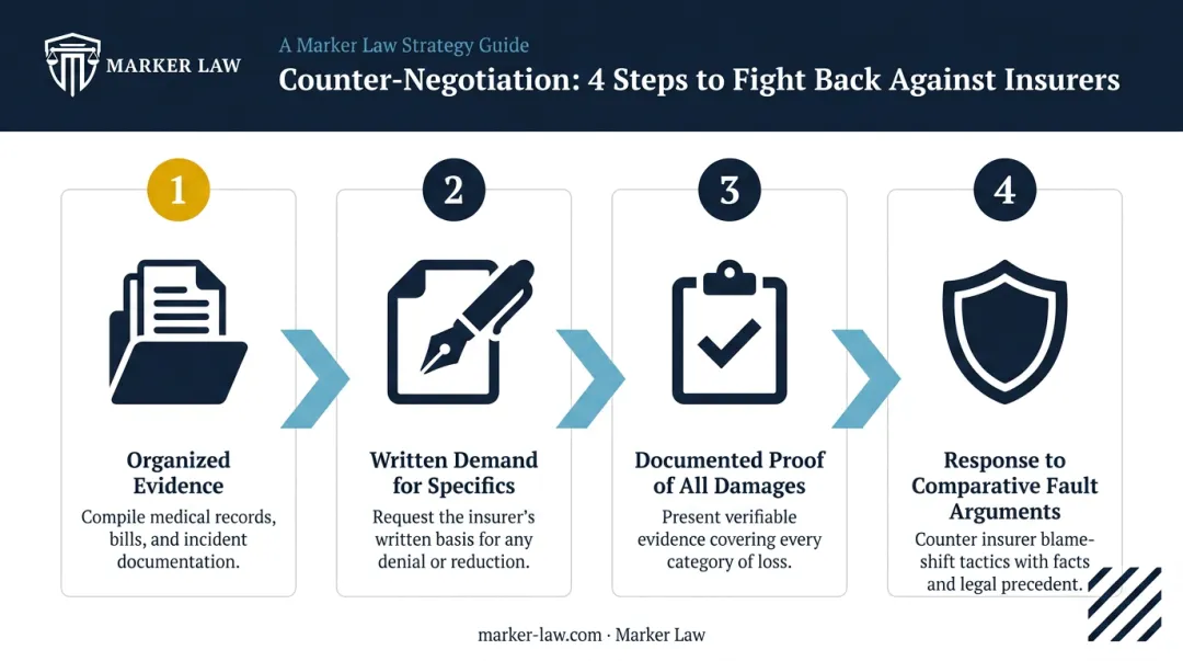 Four-step insurance counter-negotiation strategy process flow infographic