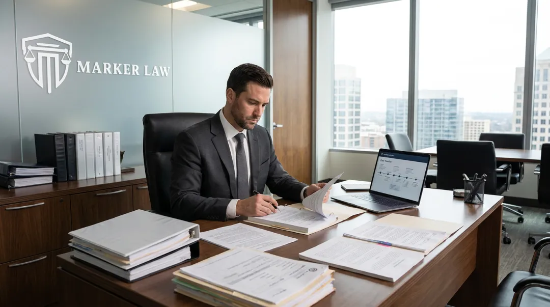 Marker Law attorney reviewing personal injury case strategy with client documents